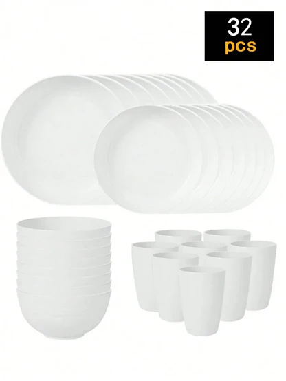 4/16/24pcs Reusable plastic tableware set, including plates, bowls and cups