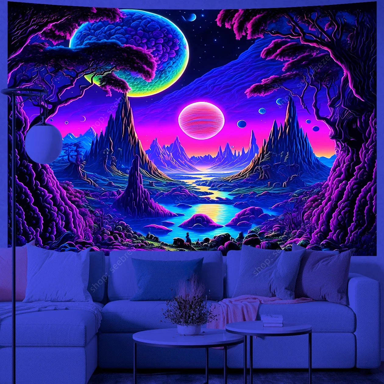 Galaxy Space Landscape UV Reactive Tapestry Trippy Planet Mountain River Neon Art Wall Tapestries for Bedroom Dorm Party Decor