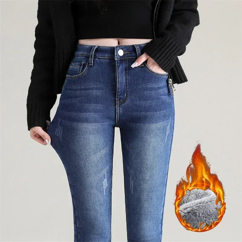 delete Women Thermal Skinny Jeans Mom Winter Warm Plush Stretch Jeans Lady Fleece Snow Denim Pants Student Pencil Straight Leg Trousers