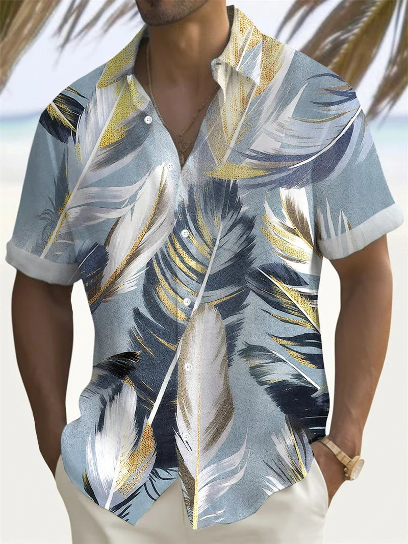 Men's 3D Print Colorful Feather Short Sleeve Turndown Hawaiian Button Up No Pockets Shirts