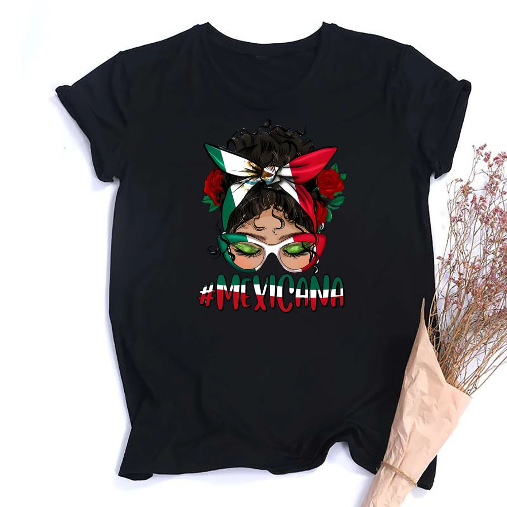 Mexicana Printed Women Top Women's Mexican Flag Pattern Casual T-shirt Summer Round Neck Short Sleeve Shirts Outfits