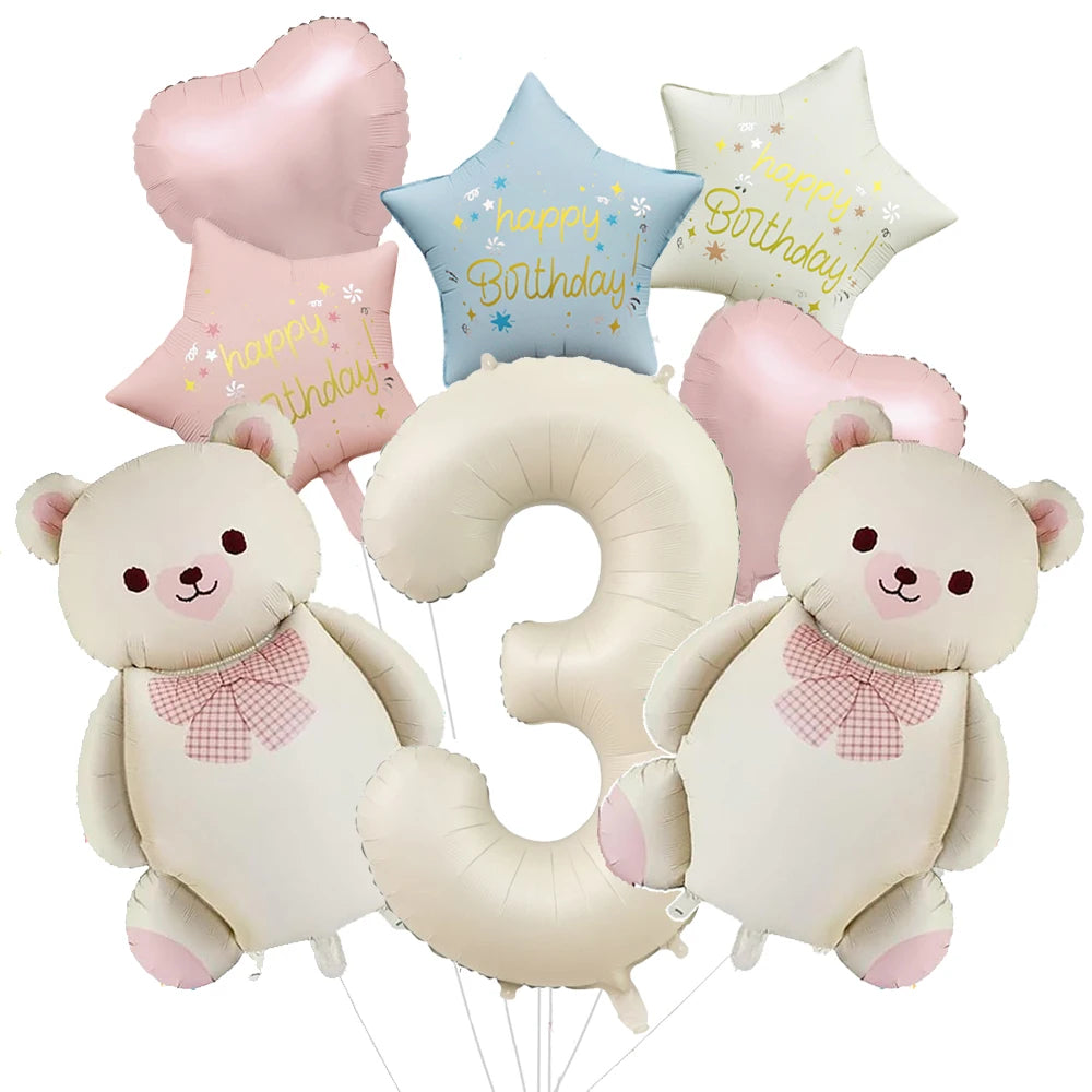 Cute Teddy Bear Party Birthday Number Balloons Large Retro Brown Bear Foil Balloon Set 8 pcs Baby Shower Birthday Party Decor