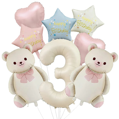 Cute Teddy Bear Party Birthday Number Balloons Large Retro Brown Bear Foil Balloon Set 8 pcs Baby Shower Birthday Party Decor
