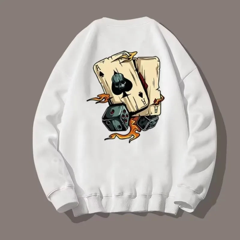 M-8XL Autumn Men Oversized Sweatshirts Fashion Loose American Trendy Play Cards Print Long Sleeve Plus Velvet Couple Clothes