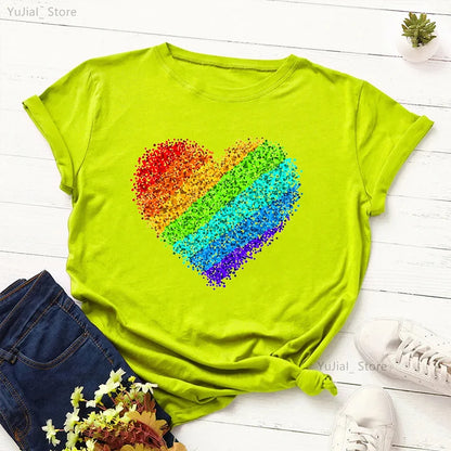 Rainbow Heart Print Lgbt T Shirt Summer Top Female T-Shirt Cute Girl Tumblr Clothes Tee Shirt Femme Streetwerar 90s 00s Tshirt