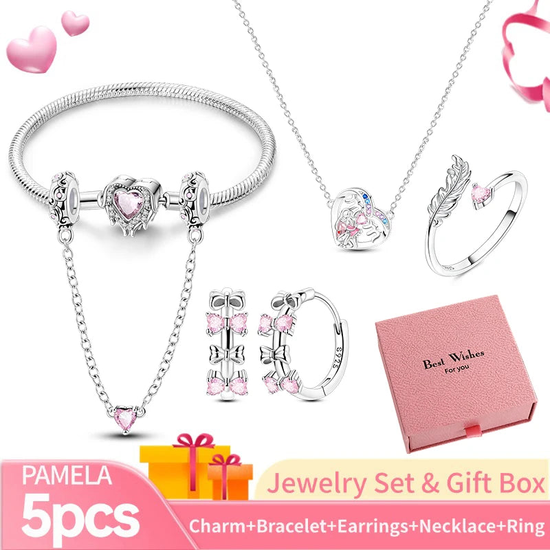 Pink Heart Bracelet Set 925 Silver Original Flower Ring Butterfly Earrings & Gift Box For Women Wedding Jewelry Best Wish 5pcs