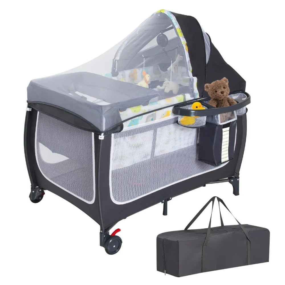 Foldable Baby Playpen Portable Crib with Adjustable Canopy Music Box and Changing Table for Newborn Infant Toddler Travel