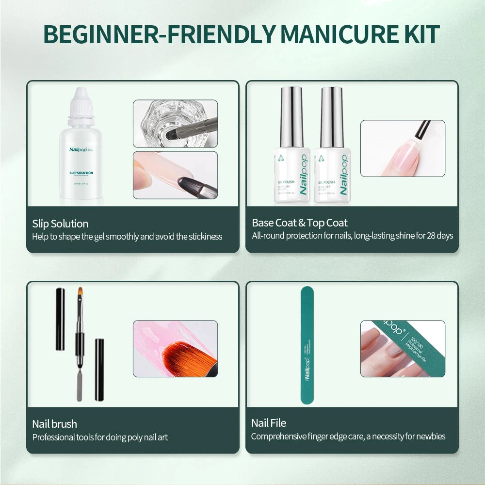 Poly Nail Extension Gel Kit 6 Colors Pink White Nude Gel Clear Nail Dual Form Art Kit with Brush and Slip Solution for Nail Art