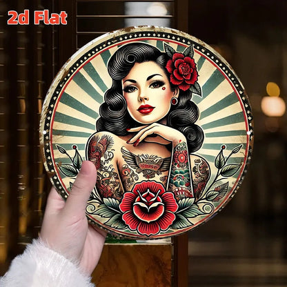 Vintage Tattoo Lady Metal Wall Art -Round Retro Pin-Up with Traditional Tattoo Designs, Durable Aluminum Sign for Tattoo Studio
