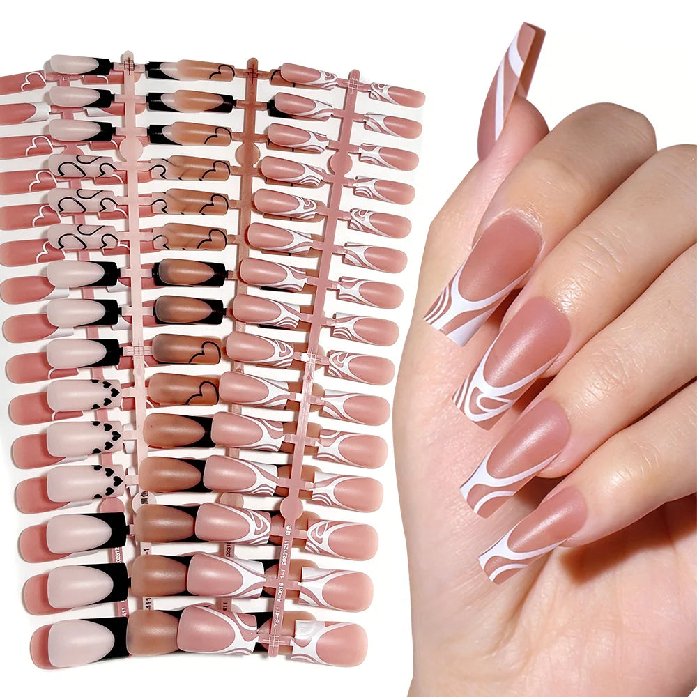 120pcs Medium Square French Press on Acrylic False Nails Brown Pink Base