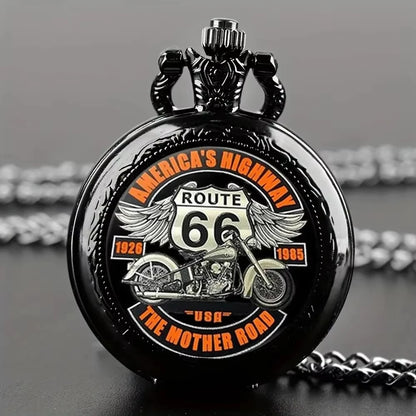 Exquisite Cool Motorbike Route 66 The Mother Road Pattern Pocket Watch Design, Precise Quartz Movement Watch Gift for Male Kids