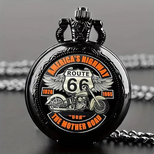 Exquisite Cool Motorbike Route 66 The Mother Road Pattern Pocket Watch Design, Precise Quartz Movement Watch Gift for Male Kids