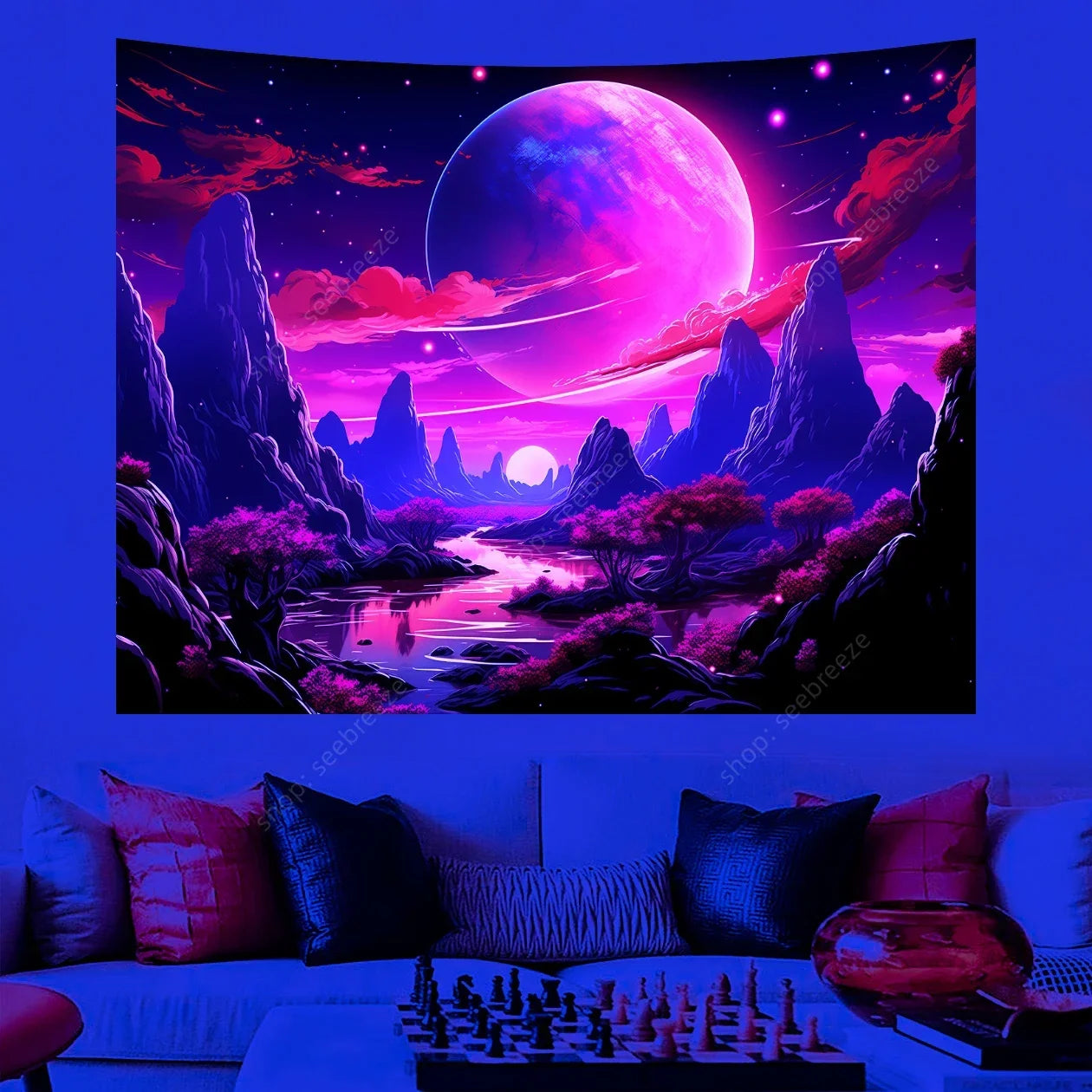 Galaxy Space Landscape UV Reactive Tapestry Trippy Planet Mountain River Neon Art Wall Tapestries for Bedroom Dorm Party Decor