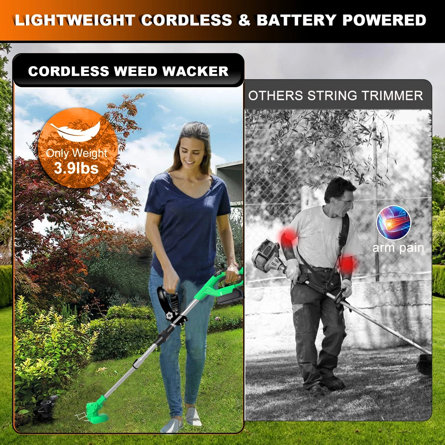 Tegatok Weed Wacker 20V battery powered, 4-in-1 household cordless electric weed killer, 2 2.0AH lithium-ion batteries.