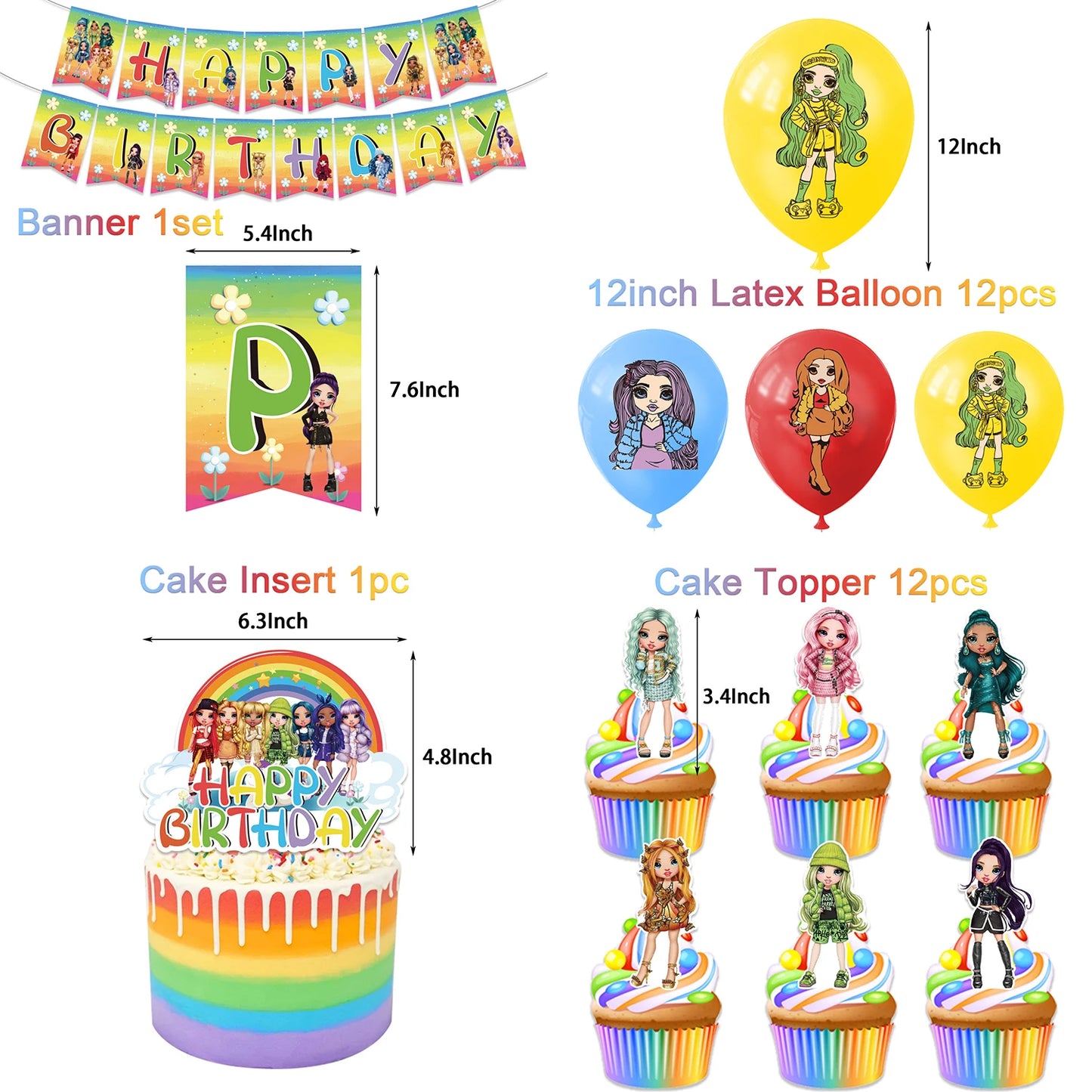 Cartoon Rainbow Doll High School Theme Background Birthday Party Decoration Supplies Disposable Cup Cutlery Balloon Baby Gift