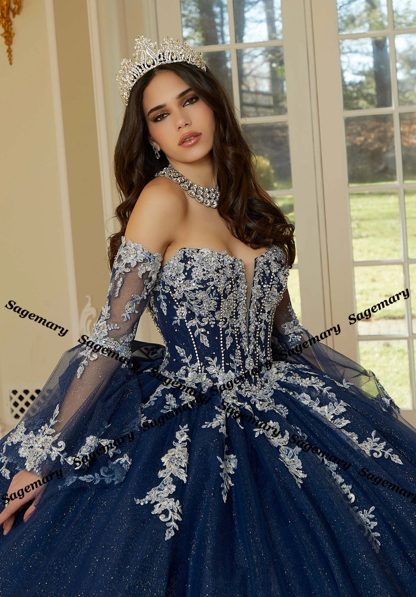 Princess Quinceañera Ball Gown – Lace Appliques, Glitter Tulle & Detachable Sleeves