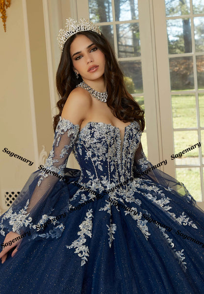 Princess Quinceañera Ball Gown – Lace Appliques, Glitter Tulle & Detachable Sleeves