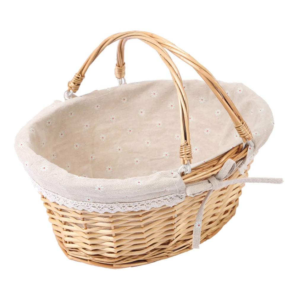 Woven Rattan White Woven Basket: Flower Basket Gift Basket with Handle and Cloth Liner Fruits Vegetables Bread Sundries Storage