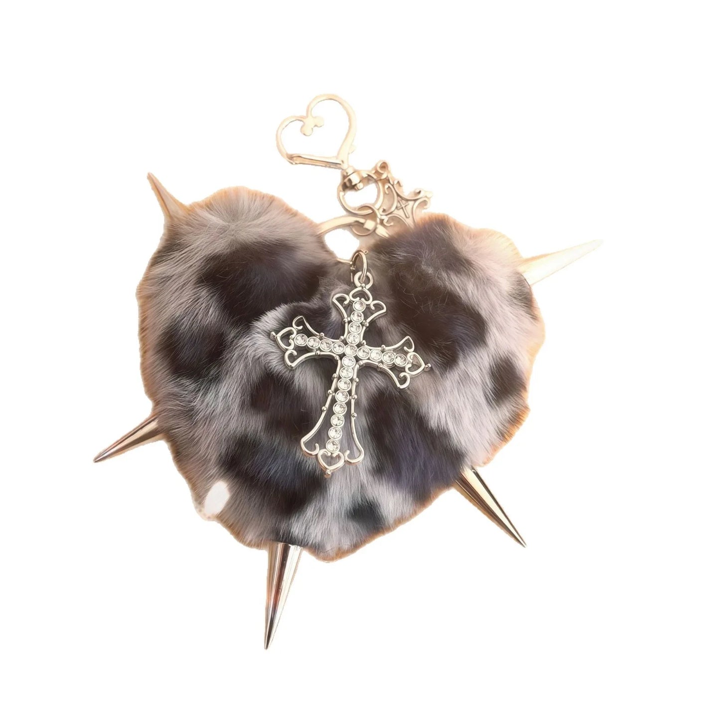 Punk Leopard Print Rivet Cross Keychain – Cool Grunge Rock Heart Bag Charm & Gothic Accessory