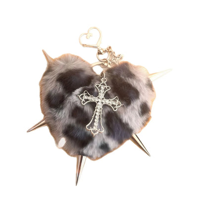 Punk Leopard Print Rivet Cross Keychain – Cool Grunge Rock Heart Bag Charm & Gothic Accessory