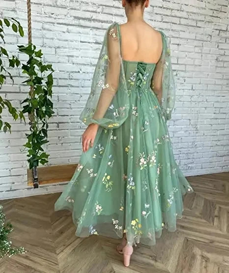 Women's Puffy Sleeve Prom Dresses V Neck Flower Embroidery Evening Dress Green Fairy Tea Length Formal Gowns