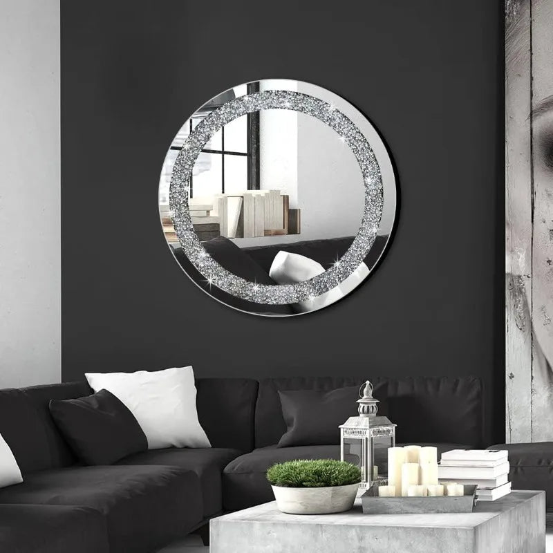 Crystal Crush Diamond Sparkly Round Silver Mirror for Wall Decoration 20x20x1 inch Wall Hang Frameless Bling Stylish Gorgeous Gl