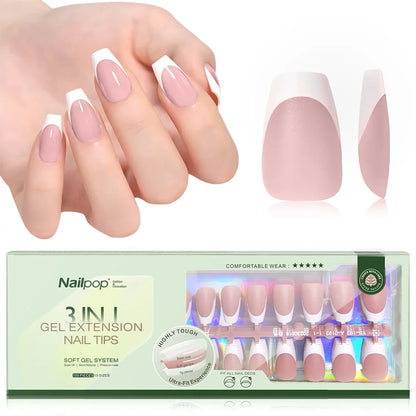 150PCS Short Coffin Press on Nails 3 in 1 Coat Soft Gel Nail Tips French Tip 15 Sizes