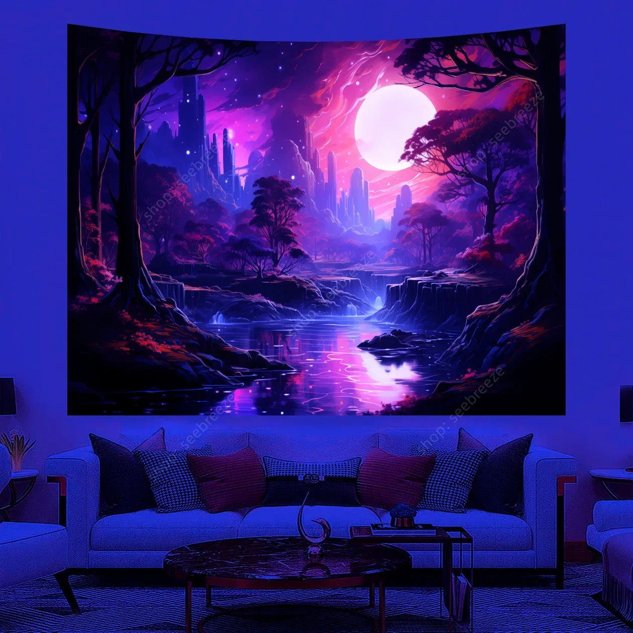 Galaxy Space Landscape UV Reactive Tapestry Trippy Planet Mountain River Neon Art Wall Tapestries for Bedroom Dorm Party Decor
