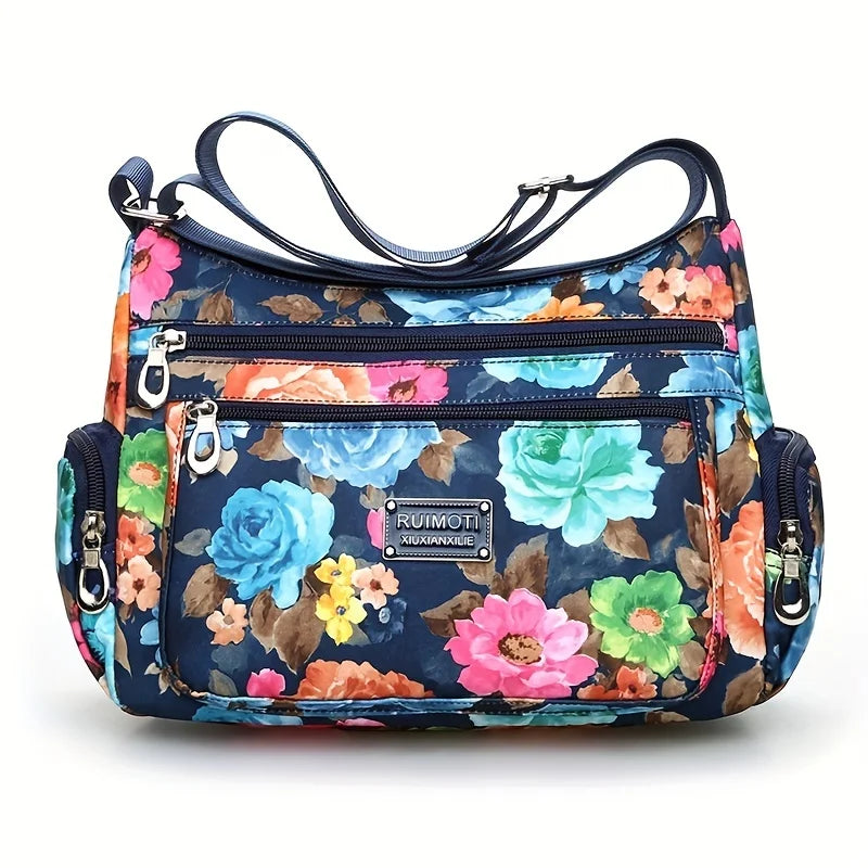 Floral Print Crossbody Bag, Trendy Nylon Shoulder Bag, Women's Multi Layer Messenger Bag For Travel