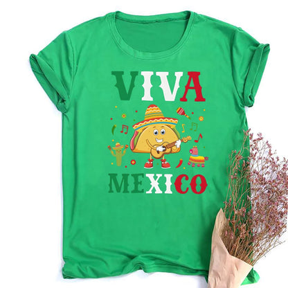 Viva Mexico Print Crew Neck T-shirt Summer Short Sleeve Casual Top Women's Mexican Flag Pattern T-shirt Clothes