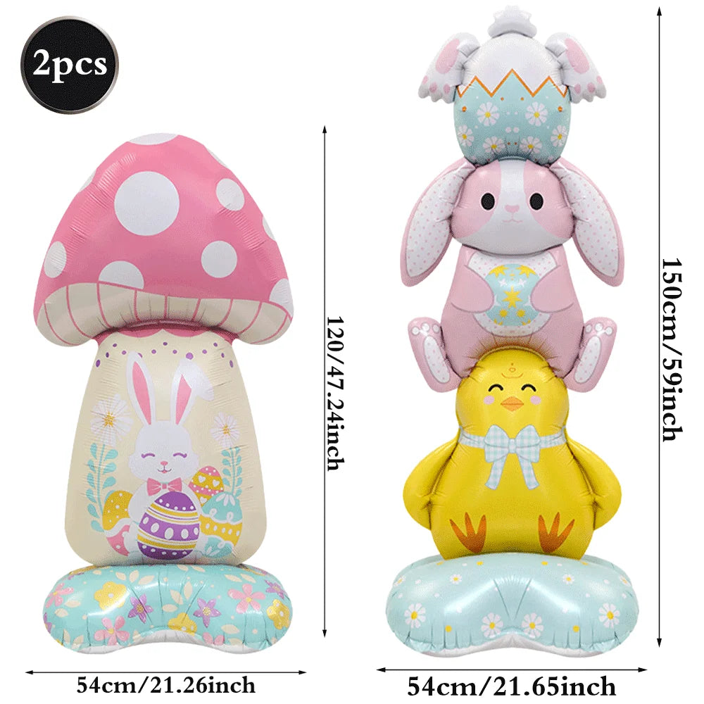 2Pcs Self Standing Easter Bunny Balloons Giant Bunny Carrot Chick Foil Balloon Easter Egg Decoration Home Holiday Party Supplies