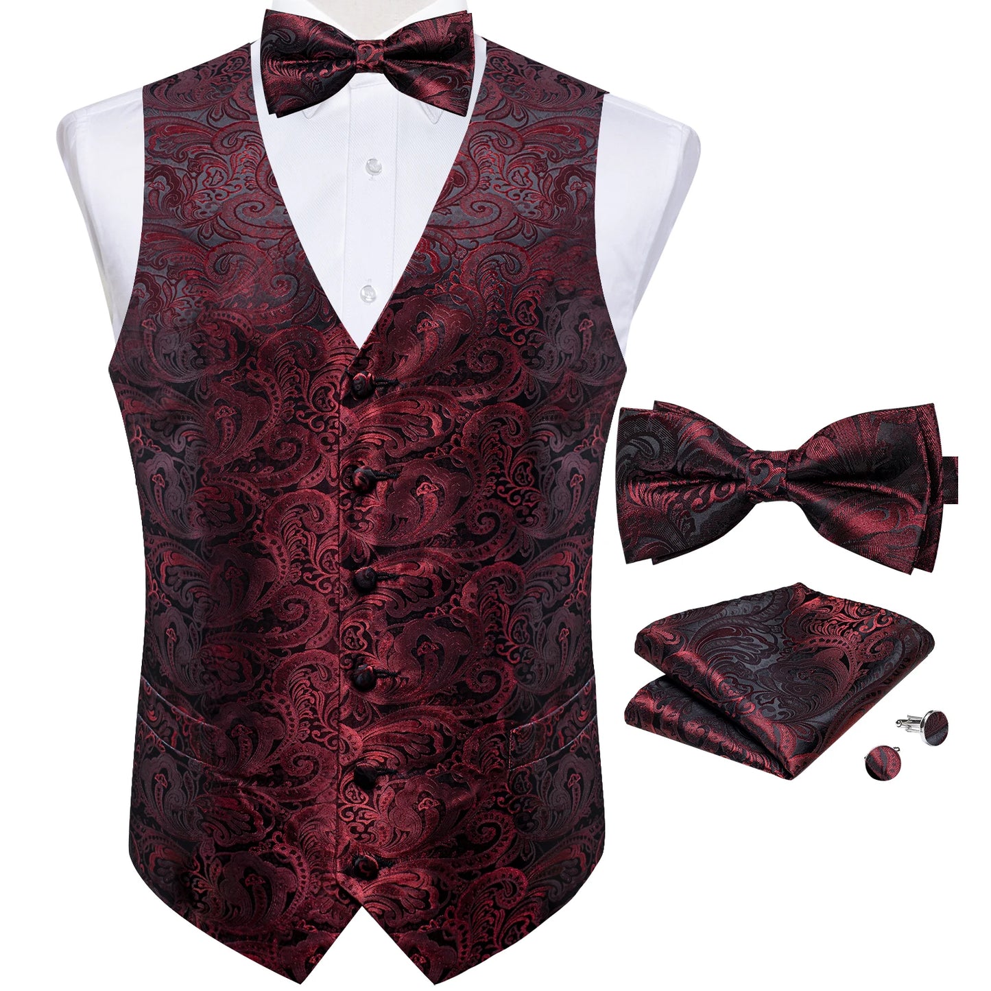Suit Vest With Bow Tie Pocket Square Cufflinks Tuxedo Waistcoat for Men