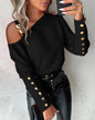 Women Elegant Lantern Sleeve Button Splicing O Neck Blouse