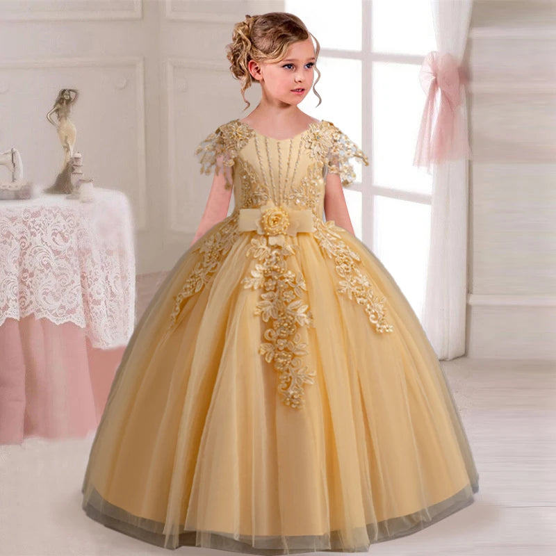 Girl's Elegant Wedding Embroidered Mesh Princess Graduation Party Prom Evening Dress 4–12-Year-Old