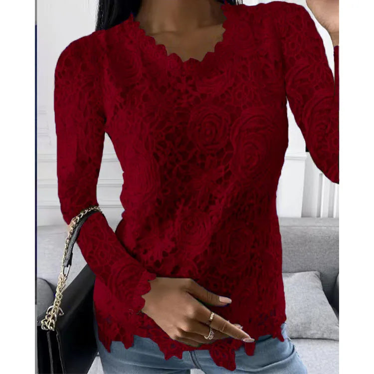 Women Lace Hollow T Shirt Top Fashion Round Neck Long Sleeve Office Lady Blouses Casual Vintage High Street Boho Tops All Season