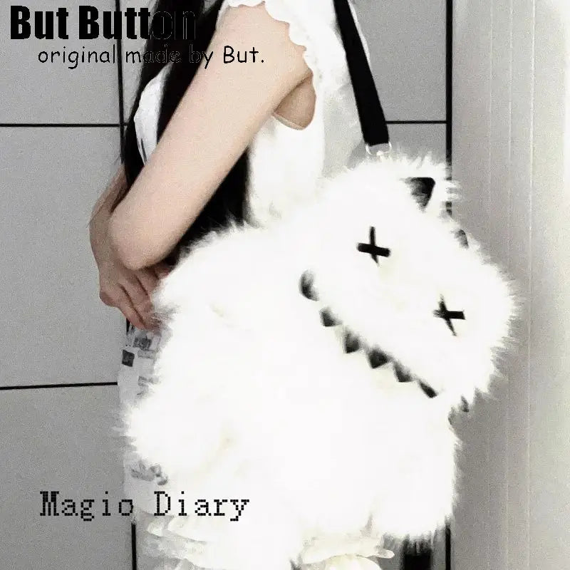 Gothic Lolita Y2K Plush Little Monster Backpack – Black & White Cute School Bag