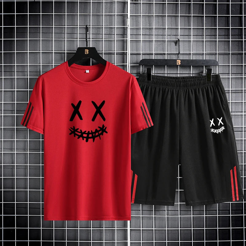 Three bar trendy men's printed sports set with smiling face pattern, mesh breathable round neck T-shirt, two-piece pants set new