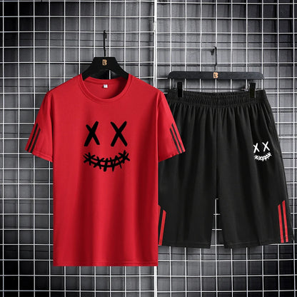 Three bar trendy men's printed sports set with smiling face pattern, mesh breathable round neck T-shirt, two-piece pants set new