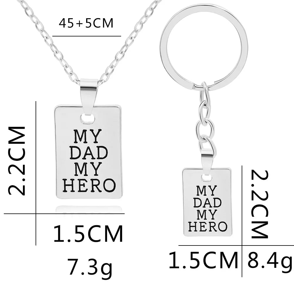 "MY DAD MY HERO" Keychain Necklace for Men Women Square Brand Carved Letter Pendant Chain Key Ring Accessories Father's Day Gift