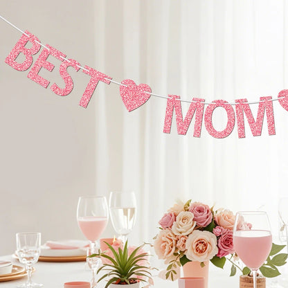 Glitter “Best Mom Ever” Banner – Heart Garland for Mother’s Day & Birthday Parties