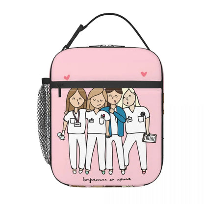Custom cartoon-printed lunch bag featuring ladies, nurses, and doctors. Thermal insulated, reusable, and multifunctional, perfect for kids' food bento boxes.