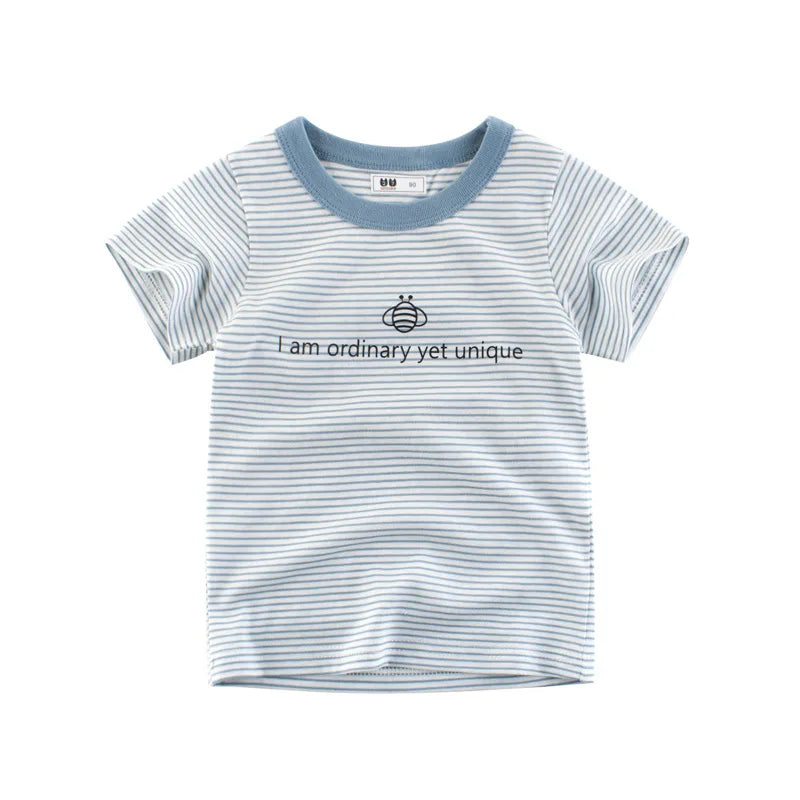 OLEKID 2025 Summer Stripe Children Boys T-shirts Printed Letter 2-8 Years Kids Little Boy Tops Short Sleeve Toddler Tees Clothes