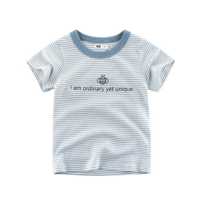 OLEKID 2025 Summer Stripe Children Boys T-shirts Printed Letter 2-8 Years Kids Little Boy Tops Short Sleeve Toddler Tees Clothes