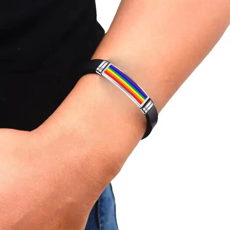 Pride Bracelet  Epoxy Rainbow Flag Stainless Steel Silicone Bracelets For Women Men