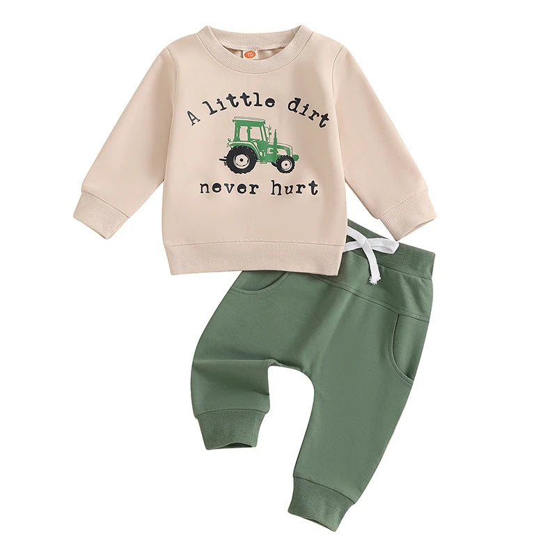 Boys Fall Set Letter Tractor Print Long Sleeve Round Neck Tops Drawstring Pocket Long Pants Outfits