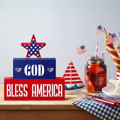 3Pcs 4th of July Patriotic Decorations GOD BLESS AMERICA Wooden Signs, Fourth of July Red White Blue Decorations for Memorial