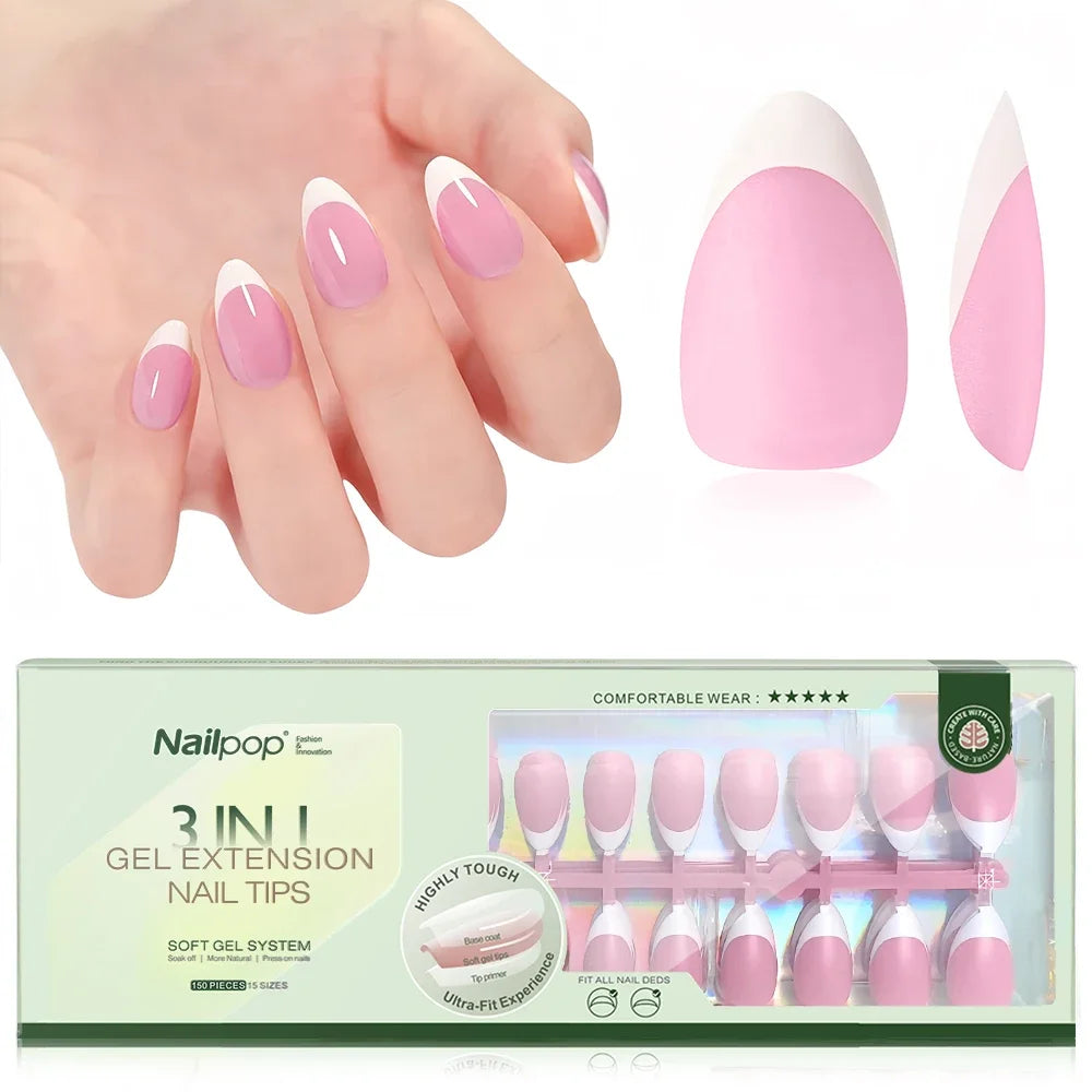 150PCS Short Coffin Press on Nails 3 in 1 Coat Soft Gel Nail Tips French Tip 15 Sizes