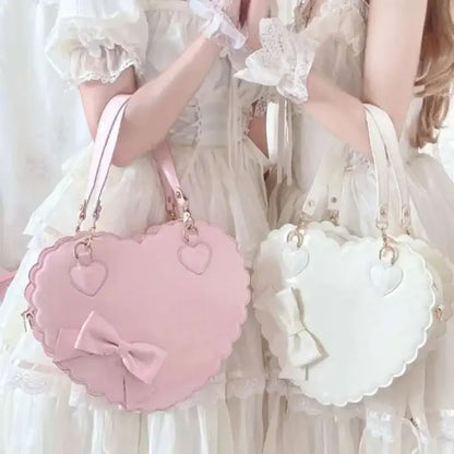 PU Heart Lolita Shoulder Bag – Bowknot Decor Japanese Shell Purse in Two Sizes, Cute Pink Messenger Bag