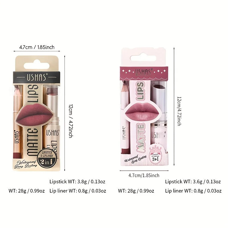 USHAS 12 Color Matte Lipstick Set Long-lasting Waterproof Lipstick + Lip Liner Set Easy Coloring Non-Stick Cup Lip Makeup Suit