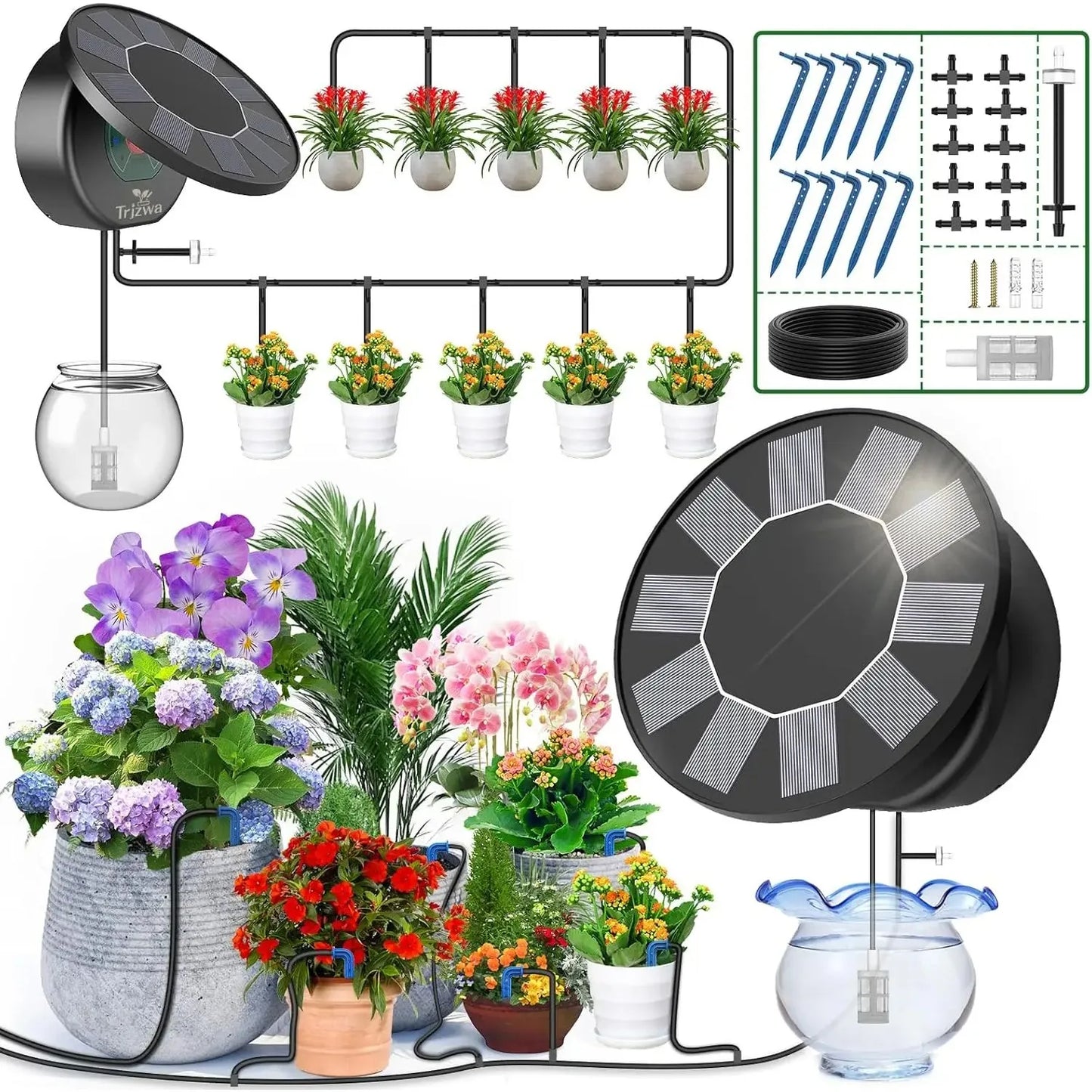 Solar Automatic Drip Irrigation System Kit, Auto Watering Kit for DIY Garden Watering System with 9 Timing Modes Outdoor Garden